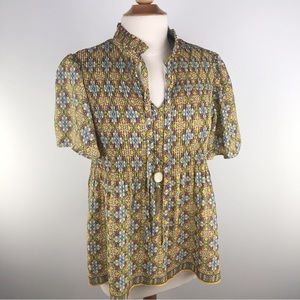 Max Studio Yellow Short Puffy Sleeves Pleated Tied Neck Blouse NWT Size S